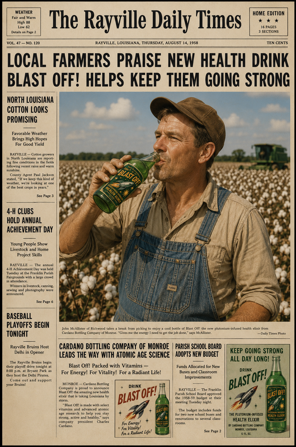 Fictional Rayville Daily Times front page showing a cotton farmer drinking Blast Off